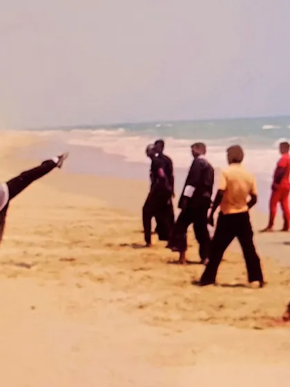A throwback to 20 years ago, conducting a class on Mamallapuram beach. My commitment to teaching martial arts has been a lifelong journey.