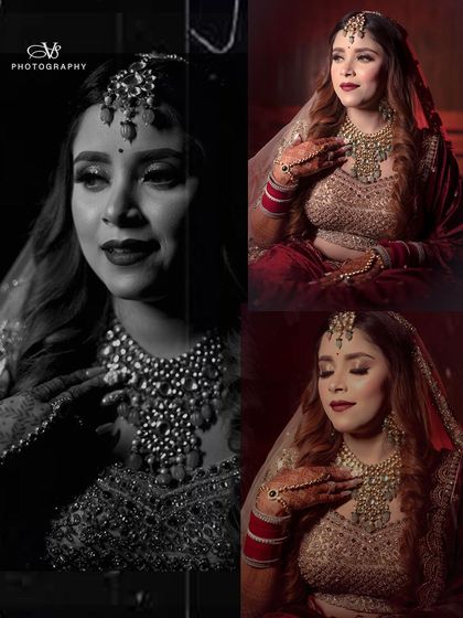 A collage of bridal portraits, mixing a striking black and white close-up with rich, colorful shots to showcase her versatile beauty.