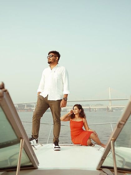 A stylishly posed shot on the yacht, capturing a cool and relaxed vibe. I work with couples to find poses that feel natural and confident.