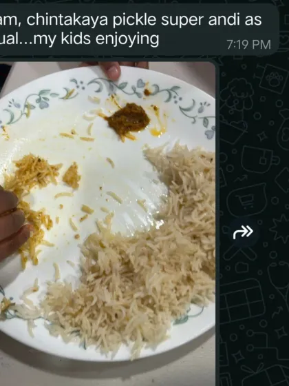 It's a special feeling when customers tell me their kids are enjoying my pickles. This little one is enjoying the Chintakaya (tamarind) pickle with rice.