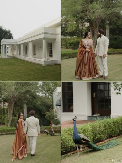 A collage showcasing the couple in the beautiful grounds of a colonial-style building, capturing both the environment and their connection.