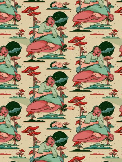 'Emotional Ecosystems: Daydreaming,' a seamless pattern that captures the feeling of escapism with figures lounging in a surreal mushroom forest.