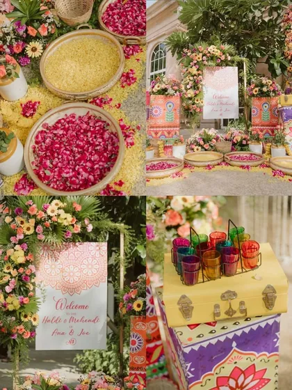 A collage of the vibrant and colorful decor details from a Haldi and Mehendi ceremony, setting the festive mood for the celebration.