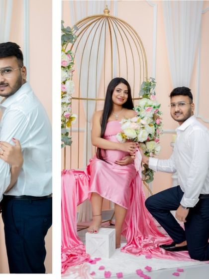 A regal and romantic pose with the dad-to-be on one knee. This setup, complete with a floral birdcage prop, creates a fairytale-like scene for your maternity shoot.