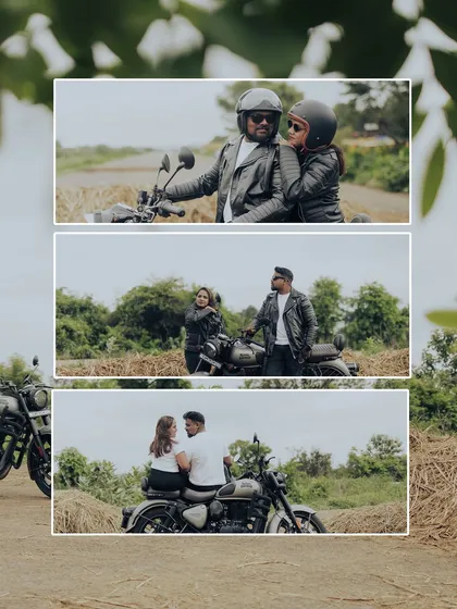 Felix and Sharon's biker-themed pre-wedding shoot was all about their shared passion. This collage captures their adventurous spirit and the fun they have together.