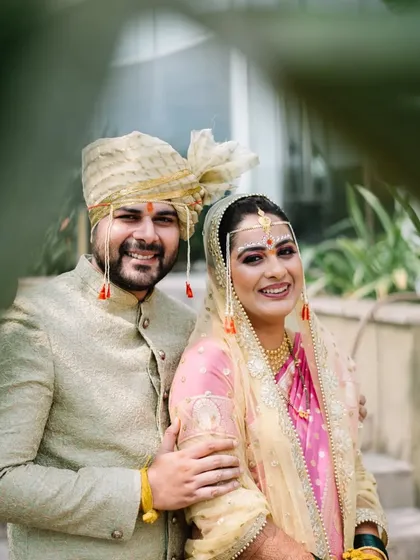Prerna and Abhiroop, right after their beautiful Marathi and Bengali fusion wedding. We found a quiet spot by the pool at the Hyatt, and their happiness just radiated.