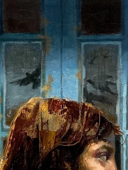 A close-up from "Liberation." This detail highlights the contrast between the dark interior, the hopeful gaze, and the birds of freedom seen through the window.