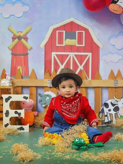 Old MacDonald had a farm, and it was adorable! This farm-themed first birthday shoot features a barn backdrop, hay, and cute animal props for a fun, rustic vibe.