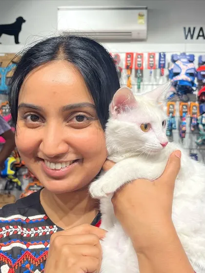 A visitor meets a stunning all-white cat at our adoption camp. It's a chance to see their personalities shine outside of a typical shelter environment.