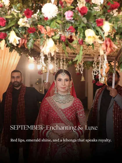 An Enchanting and Luxe bridal look. This style combines bold red lips, an emerald shine from the jewellery, and a lehenga that speaks royalty.