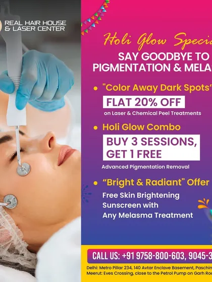 This Holi, say goodbye to dark spots. I am offering a flat 20% off on laser and chemical peel treatments, and a free skin brightening sunscreen with any melasma treatment. It's the perfect time to start your journey to clear skin.