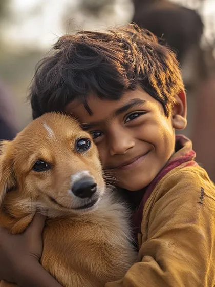 Another touching photo of a child embracing a small puppy, a reminder of the simple, powerful love animals bring into our lives.