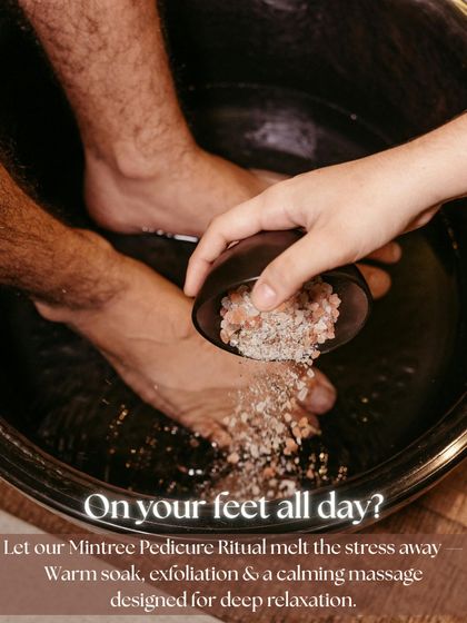If you're on your feet all day, my Mintree Pedicure Ritual is perfect for you. This image shows a relaxing foot soak with bath salts, designed to melt away stress and soothe tired muscles.