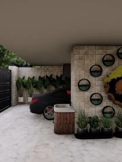 A render of a carport with a unique moss art installation and planters. We believe every part of a home, including the entrance, should be designed to welcome you with nature and beauty.