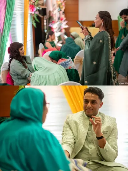 Candid moments of guests enjoying the Mehendi ceremony, capturing the overall atmosphere.