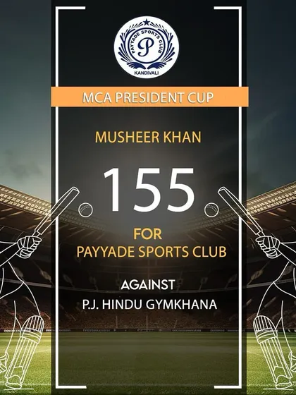 Musheer Khan delivered a massive performance, scoring 155 runs for Payyade Sports Club in the MCA President Cup.