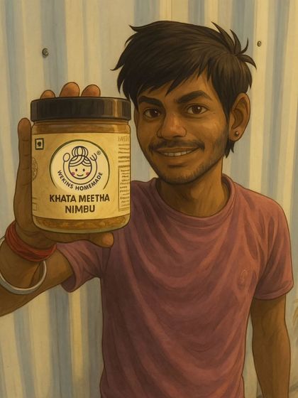An AI-generated Ghibli-style illustration of a happy customer holding our Khatta Meetha Nimbu pickle.