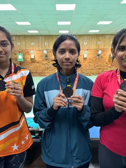Our winning NR Rifle team, Dwiti, Adhya, and Jovitha, with their bronze medals from the 12th Karnataka State Shooting Competition. Team events build camaraderie and competitive spirit.