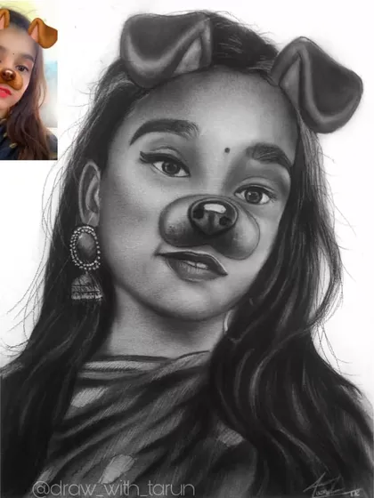 Yes, I can even turn your favorite Snapchat filter selfie into a hand-drawn portrait. This was a fun commission where I recreated the dog filter using charcoal, blending a playful digital moment with traditional art.