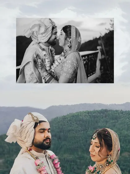 A creative collage combining a close-up, intimate black-and-white shot with a serene color portrait of the couple amidst the mountain landscape.