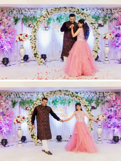 The couple takes the stage for a dance at their engagement party. The flowing pink gown and coordinated outfits look stunning against the floral backdrop.