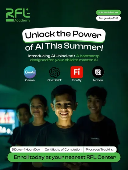The future is AI, and we make it accessible. This graphic promotes our AI Unlocked bootcamp, a 5-day program designed for students in grades 7-12 to master powerful tools like Canva, ChatGPT, and Adobe Firefly.