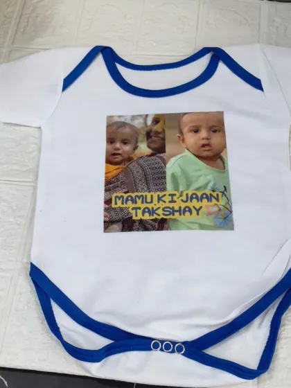 A super cute and personal gift for a baby. This romper is customized with photos and the message "Mamu ki Jaan," making it a sweet present from an uncle.