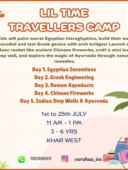 The "Lil Time Travellers Camp" takes young explorers on a journey through history. They build Roman aqueducts, launch Chinese fireworks, and explore Egyptian inventions, learning about ancient civilizations through fun projects.