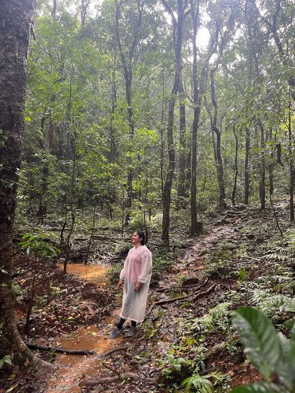 A trekker in a poncho walks through a muddy, atmospheric forest trail in Kodachadri.