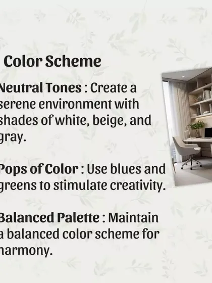Your color scheme affects your mood. I recommend neutral tones like white and beige for a serene environment, with pops of blue or green to help stimulate focus and creativity.