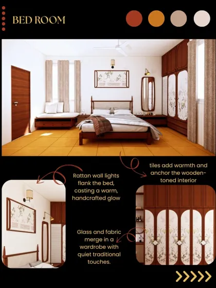 The master bedroom is a warm, handcrafted retreat. I used earthy tiles to add warmth underfoot, while the wardrobe doors feature a blend of glass and fabric with traditional motifs, creating a space that is both restful and elegant.