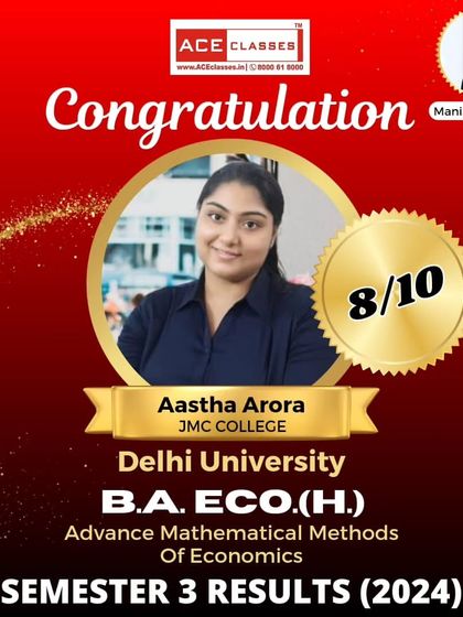 Aastha Arora from JMC College scored a great 8/10 in her Semester 3 exams for Advance Mathematical Methods of Economics, showing consistent high performance.