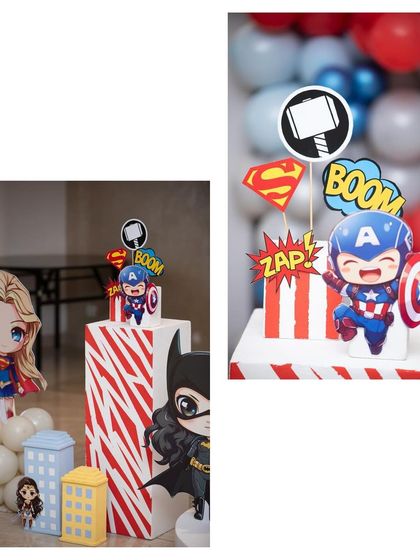 A collage of our cute superhero props, including Supergirl, Captain America, and other mini-heroes.