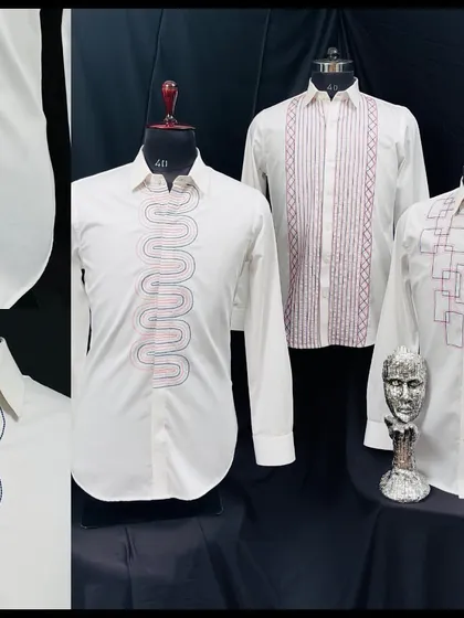 A showcase of my vibrant embroidered shirt collection. This image displays three unique designs: the 'Cosmic Twist', the 'Fuchsia', and the 'Rainbow Grid', each crafted for the modern man who isn't afraid to stand out.
