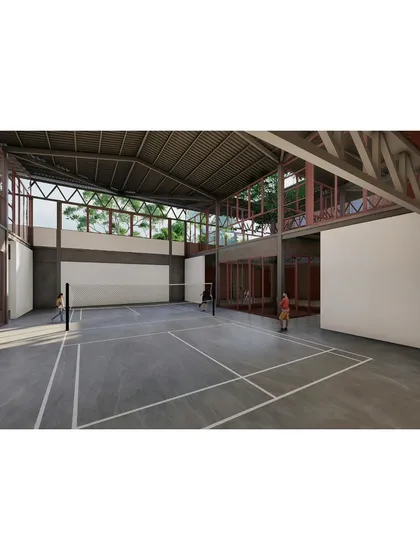 A render of the multi-purpose sports court, naturally ventilated and lit from the sides and above.