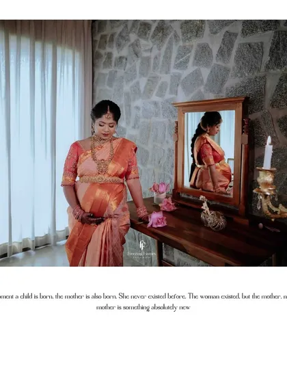 The expecting mother looks at her reflection in a mirror, a poignant moment of self-realization. The quote about a mother being born adds a deep emotional layer to the photograph.