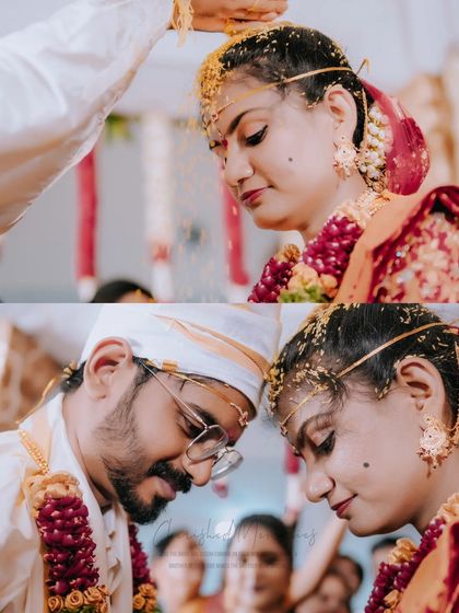 A close-up collage of the Talambralu ritual, where the couple showers each other with rice, a symbol of prosperity and happiness.