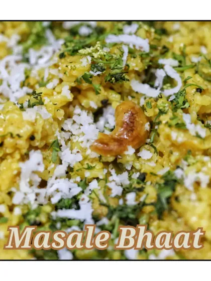 A classic Maharashtrian Masale Bhaat served with kadi, pumpkin gravy, mix sprout gravy, and a rich dry fruit sheera.