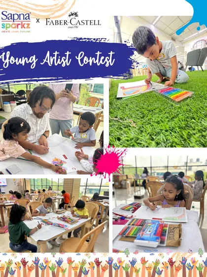 The 'Young Artist Contest' was a day of vibrant color and imagination. This collage captures the supportive atmosphere, with instructors helping kids and everyone enjoying the creative buzz.