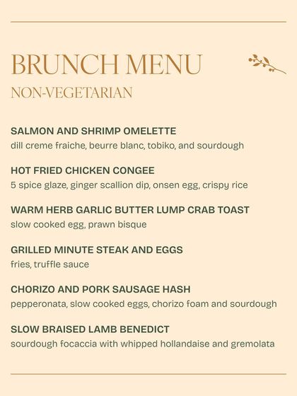 The non-vegetarian counterpart, offering a Salmon and Shrimp Omelette and Slow Braised Lamb Benedict.