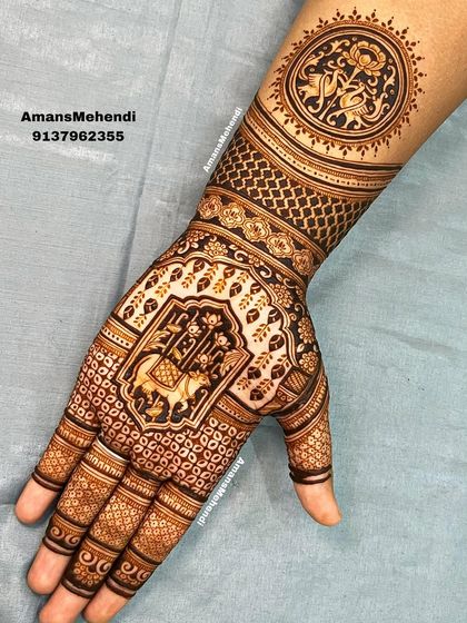 A beautiful design featuring a horse figure in a decorative frame on the palm. The wrist is adorned with a circular motif of peacocks and a lotus, creating a balanced composition.