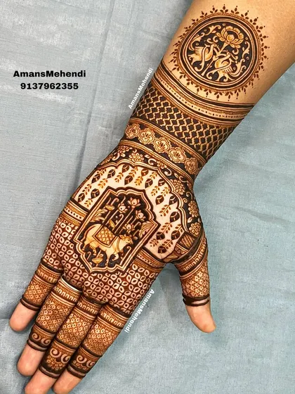 A beautiful design featuring a horse figure in a decorative frame on the palm. The wrist is adorned with a circular motif of peacocks and a lotus, creating a balanced composition.