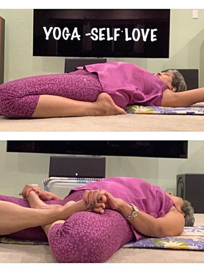 Another two-part image of Supta Vajrasana, showing the hand placement variations for this advanced reclining backbend.