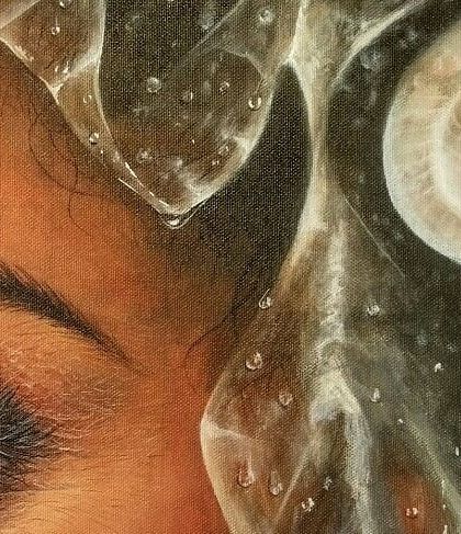 This close-up highlights the technical detail in 'Fear'. The reflection in the eye, the delicate eyebrow hairs, and the light catching on the plastic and water create a layered, complex surface.