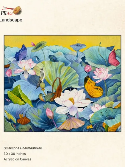 A delightful painting of a lotus pond by Sulakshna Dharmadhikari, teeming with butterflies and birds, celebrating the vibrancy of nature.