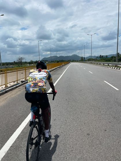 A rider powers through on the highway during the Jog Falls 1000K BRM. The final stretch of the ride is often a mental battle against traffic and fatigue.