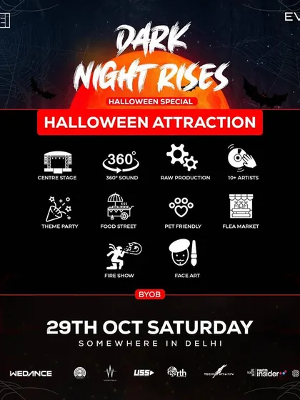 Highlighting the special attractions for our Halloween techno event, including a 360-degree sound setup, fire show, and flea market to create a full festival experience.