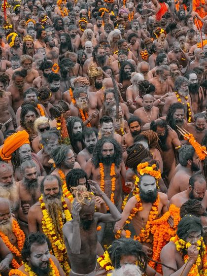 A sea of Naga sadhus at the Mahakumbh Mela. This image captures the overwhelming scale and collective energy of one of the largest spiritual gatherings on Earth.