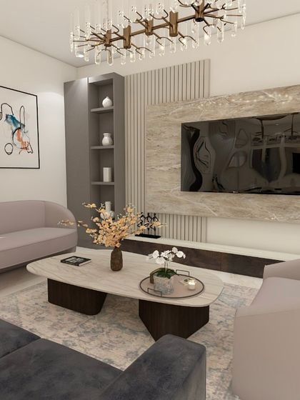 The TV unit area in our ATS Pristine project design, featuring a marble panel, fluted wood details, and an open shelf for decor.