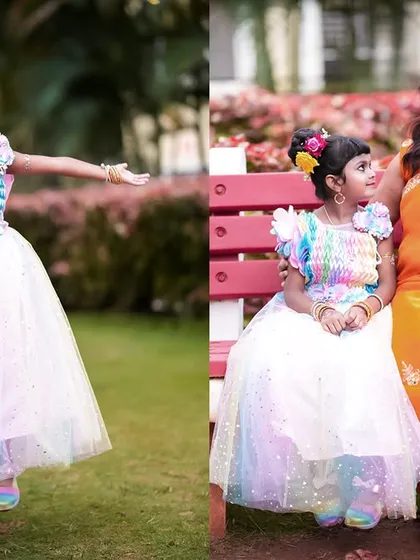 A fun diptych showing the birthday girl's playful jump and a tender moment with her mom.